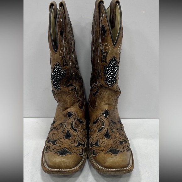 Vintage Corral Brown w/Black Sequin Inlay Leather Square...